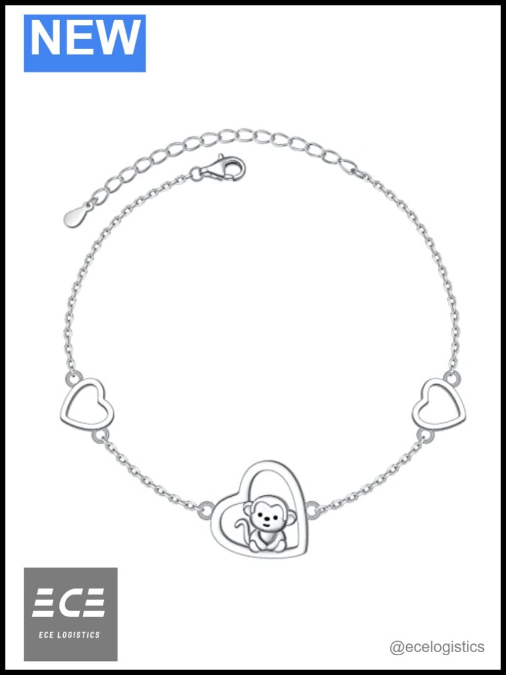 925 Sterling Silver Monkey Heart Bracelet with Rolo Chain Adjustable